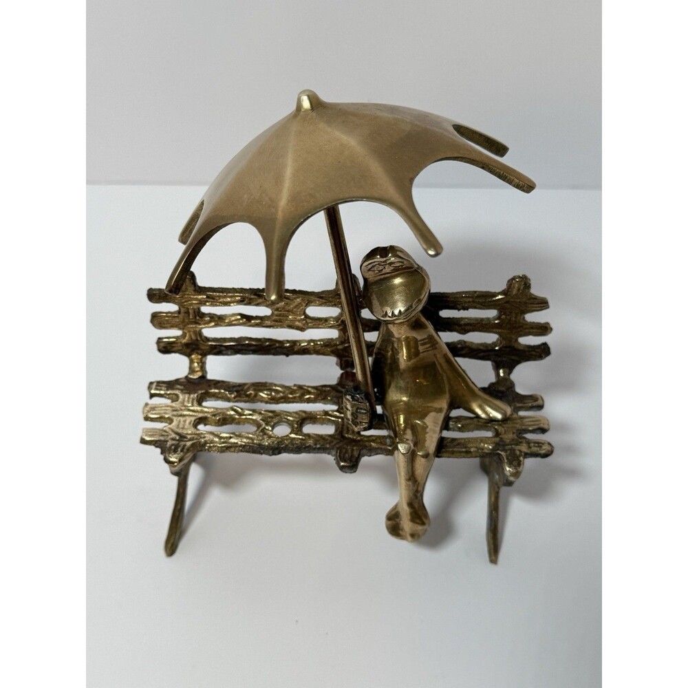 Vintage Brass Frog Sitting on Bench‎ Under Umbrella Statue Figurine. Lonely Frog